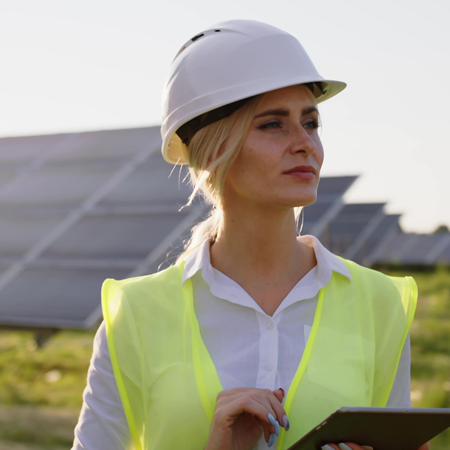 Ingenieurin vor einer Photovoltaikanlage
